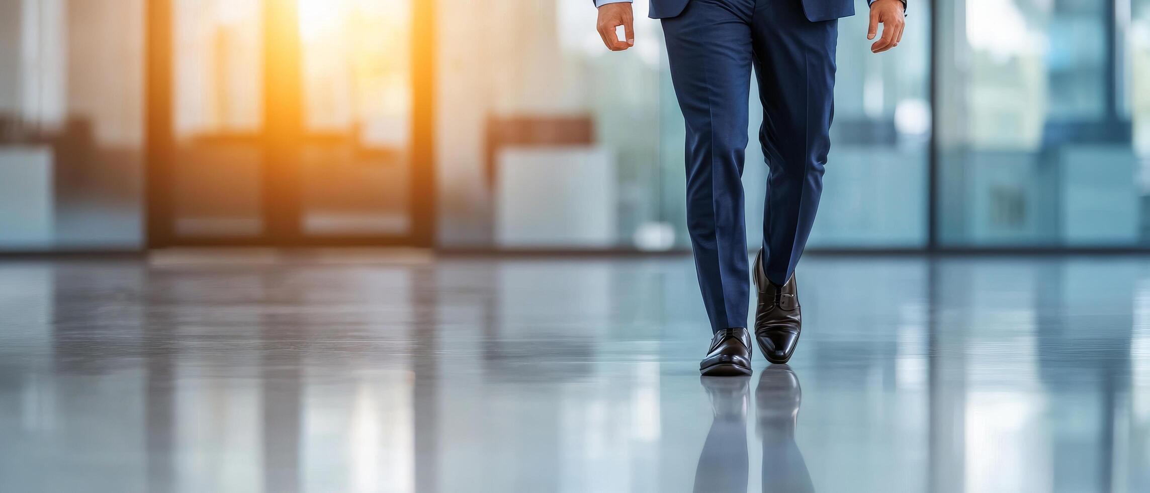 Businessman walking in a modern, reflective office space. photo