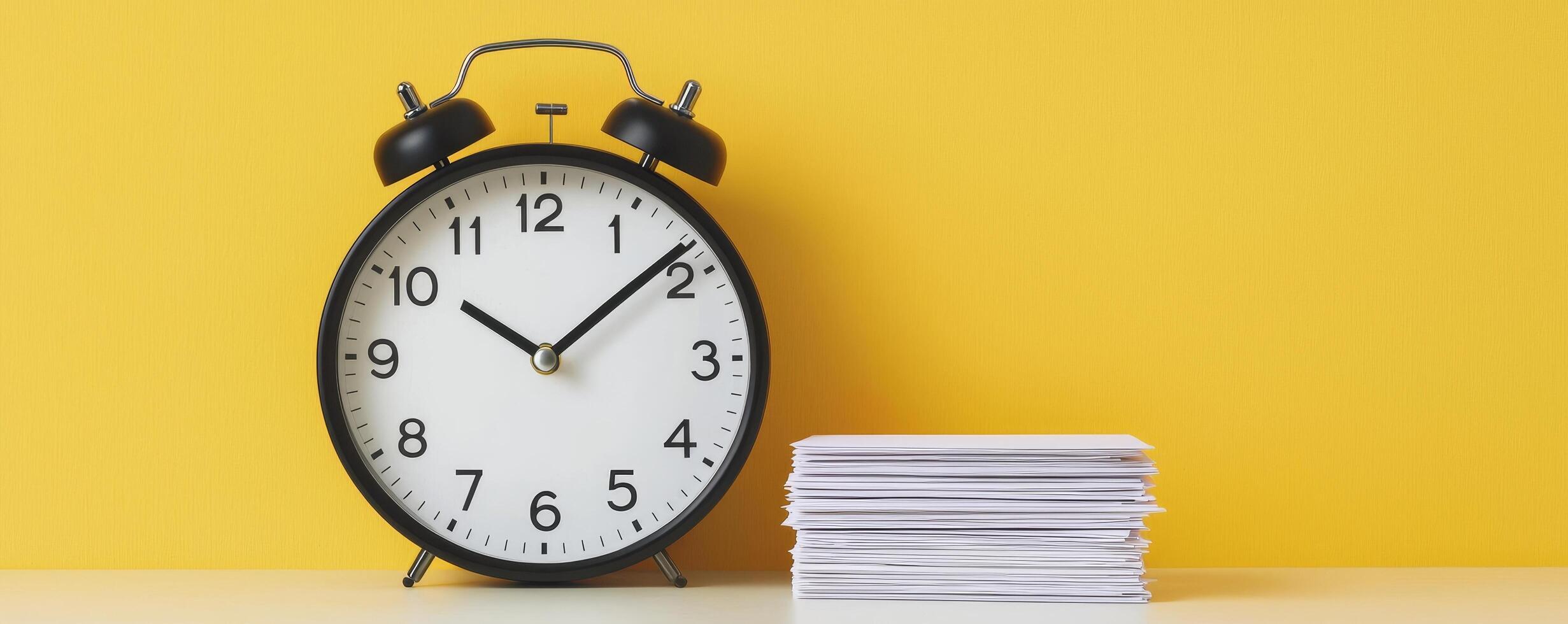 Vintage alarm clock beside a stack of papers on a yellow background. photo