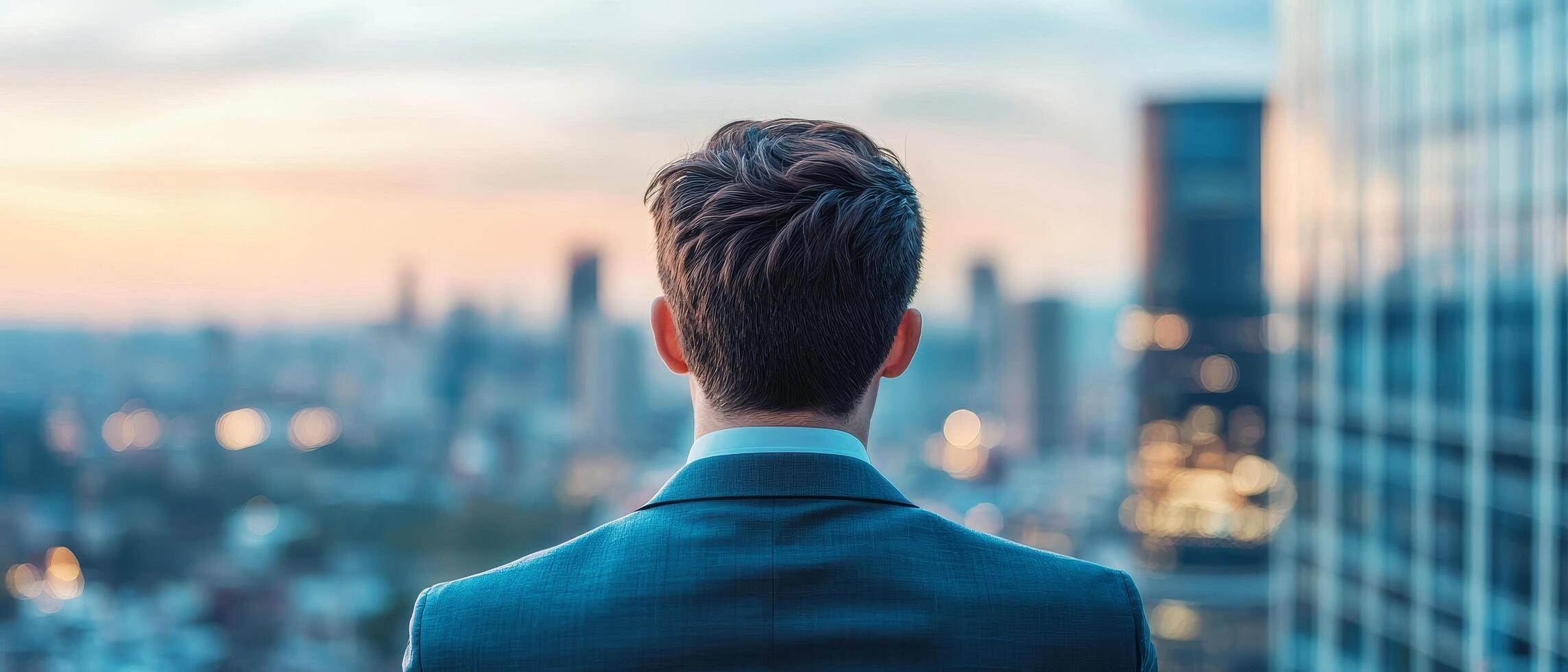 Man in a suit looking out over a city skyline at sunset. Entrepreneurial mindset risk taking. photo