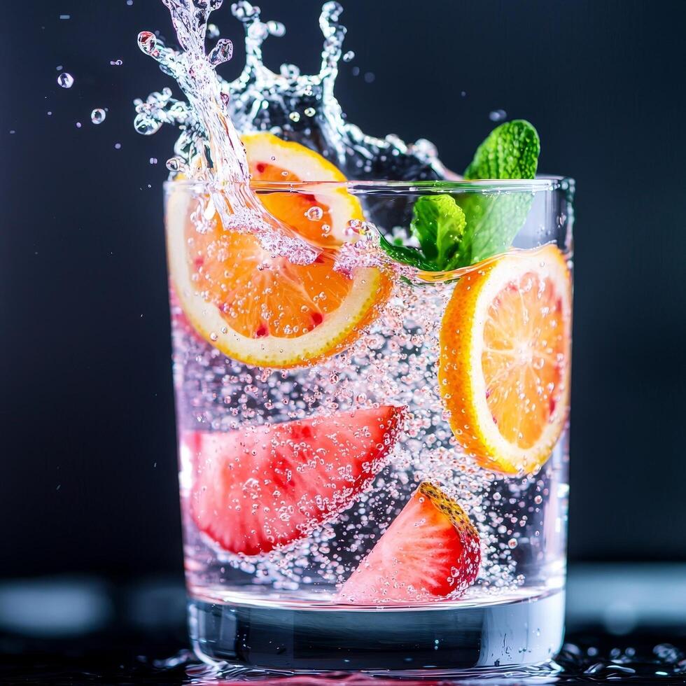 Refreshing drink with citrus garnishes splashing in sparkling water. photo