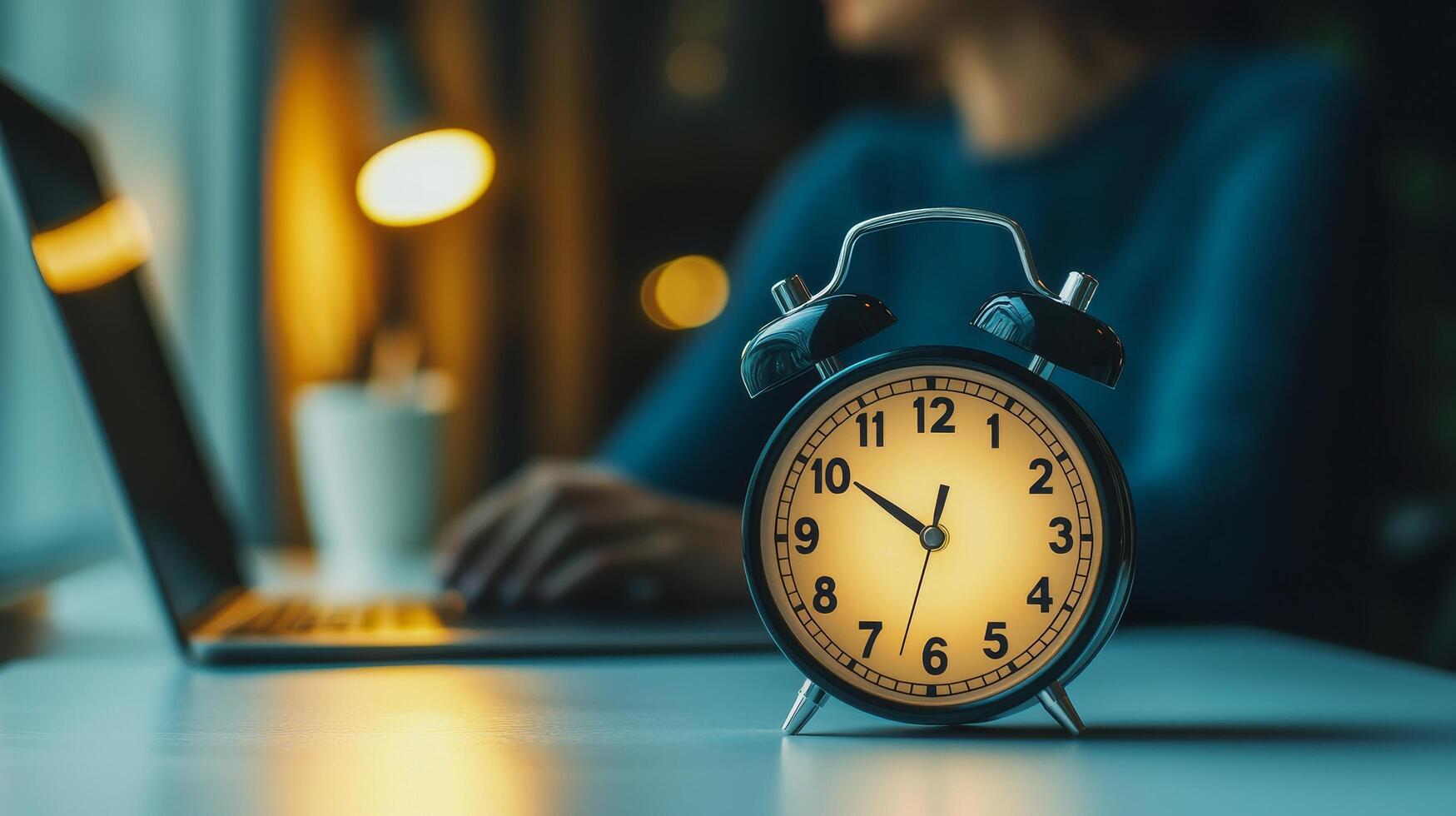 Clock on a desk with a person working on a laptop in the background. Time management goal setting focus. photo