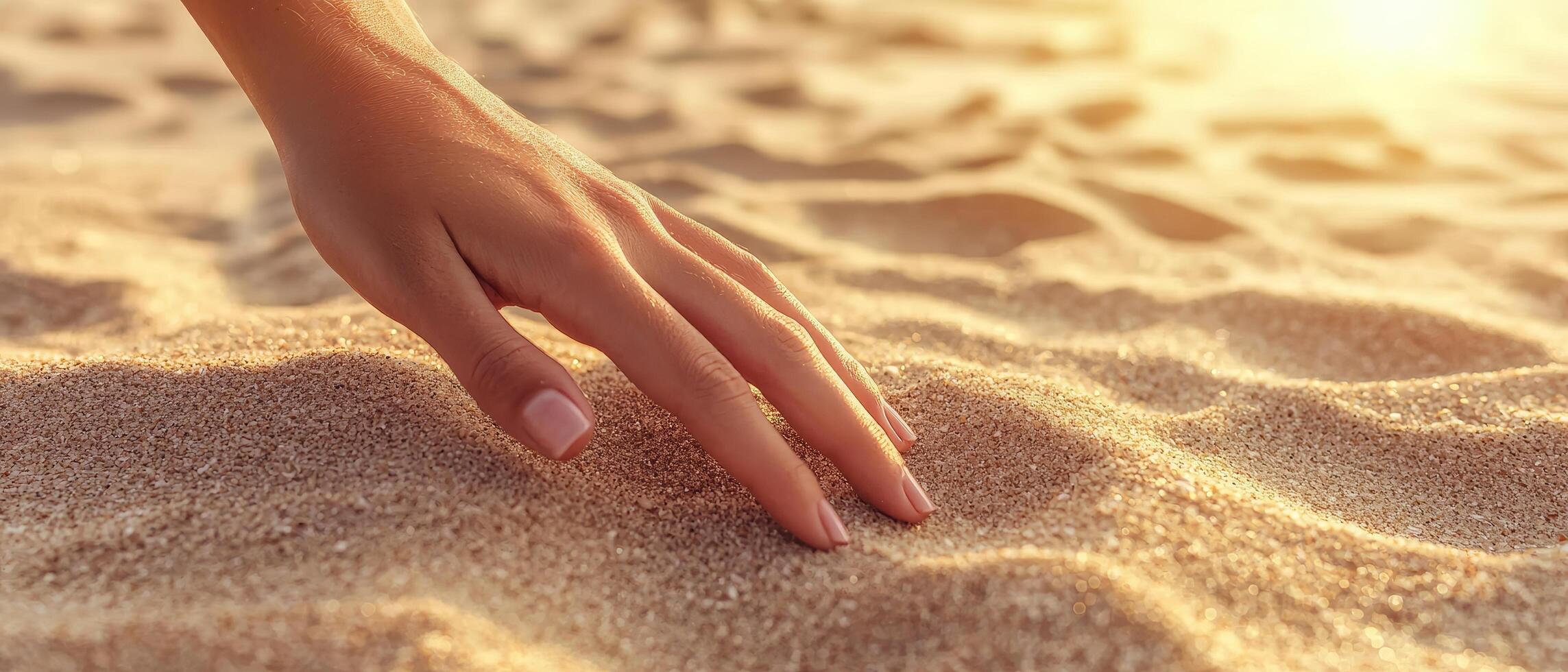 A hand touches soft sand by the water's edge at sunset. photo