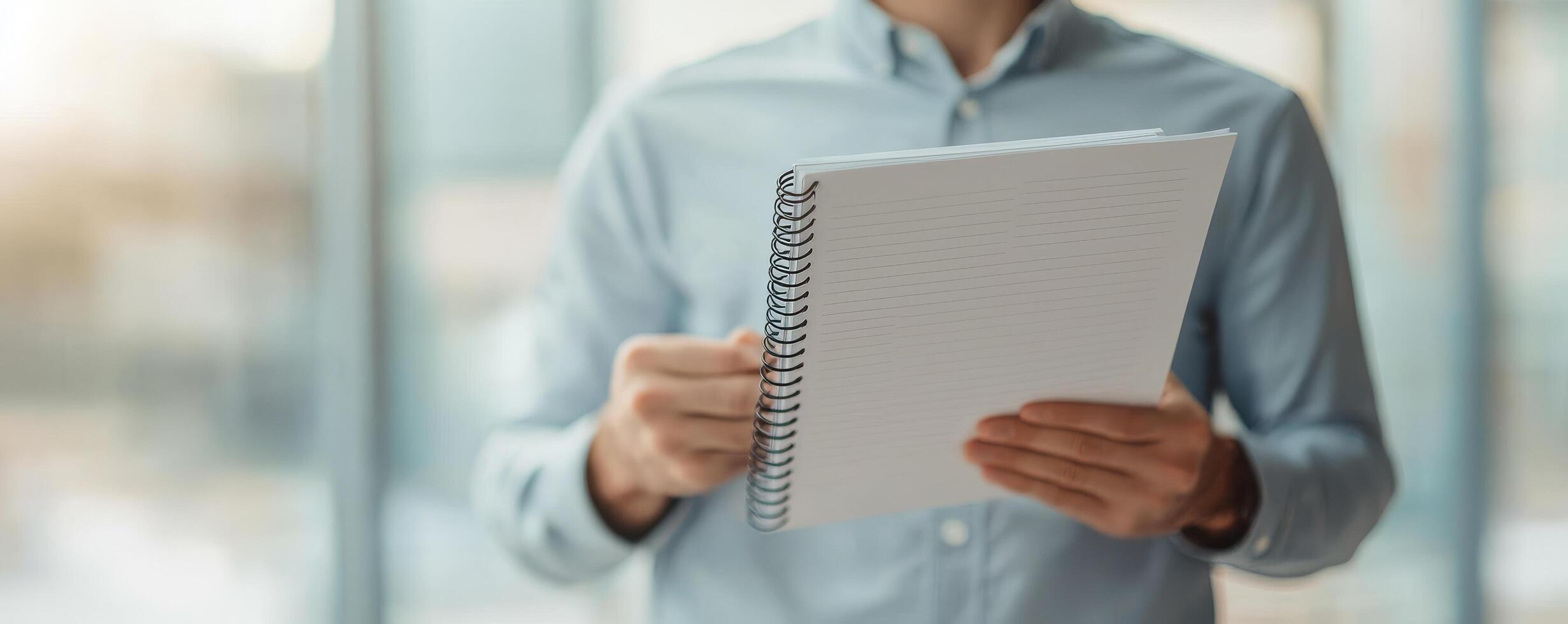 Person holding a spiral notebook in a bright, modern setting. photo