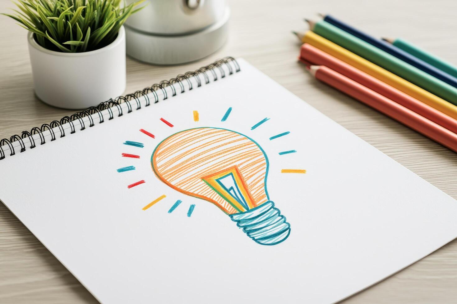 Colorful light bulb sketch with pencils and a plant on a desk. photo