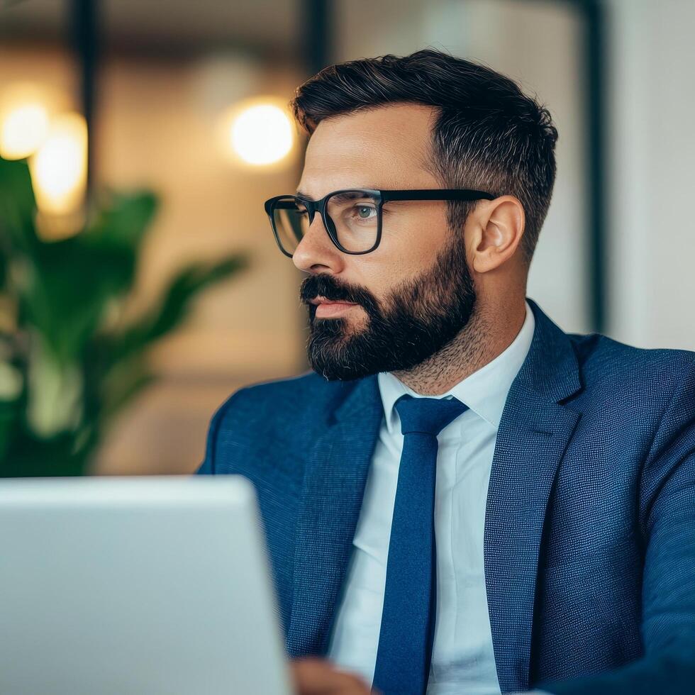 Professional man working on a laptop in a modern office setting. Communication skills verbal. photo