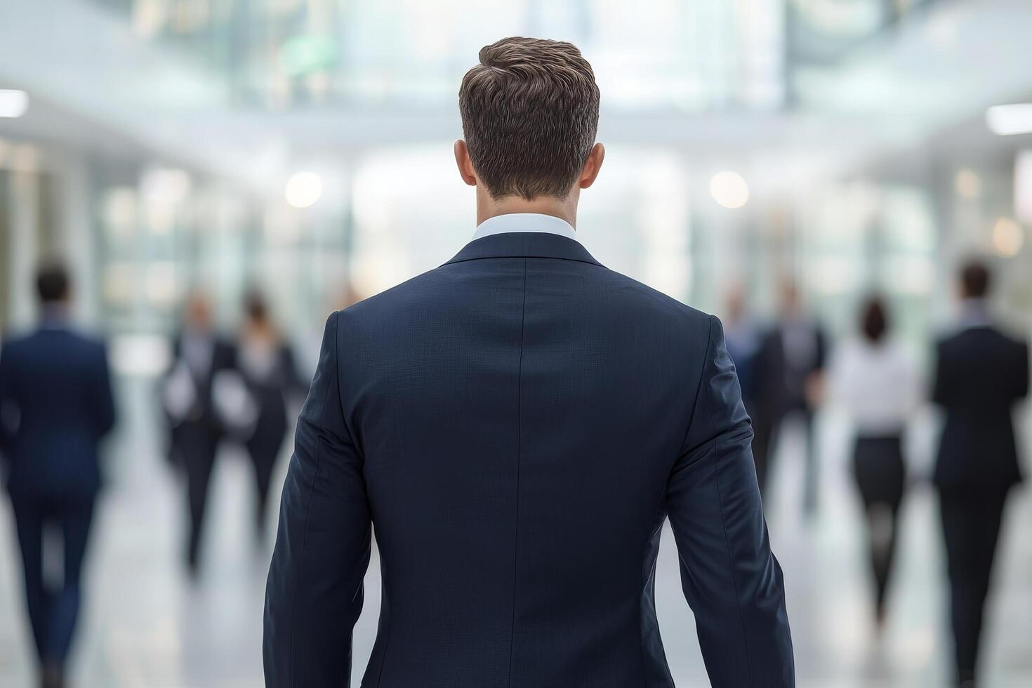 Businessman walking in a corporate setting, blurred figures behind him. photo