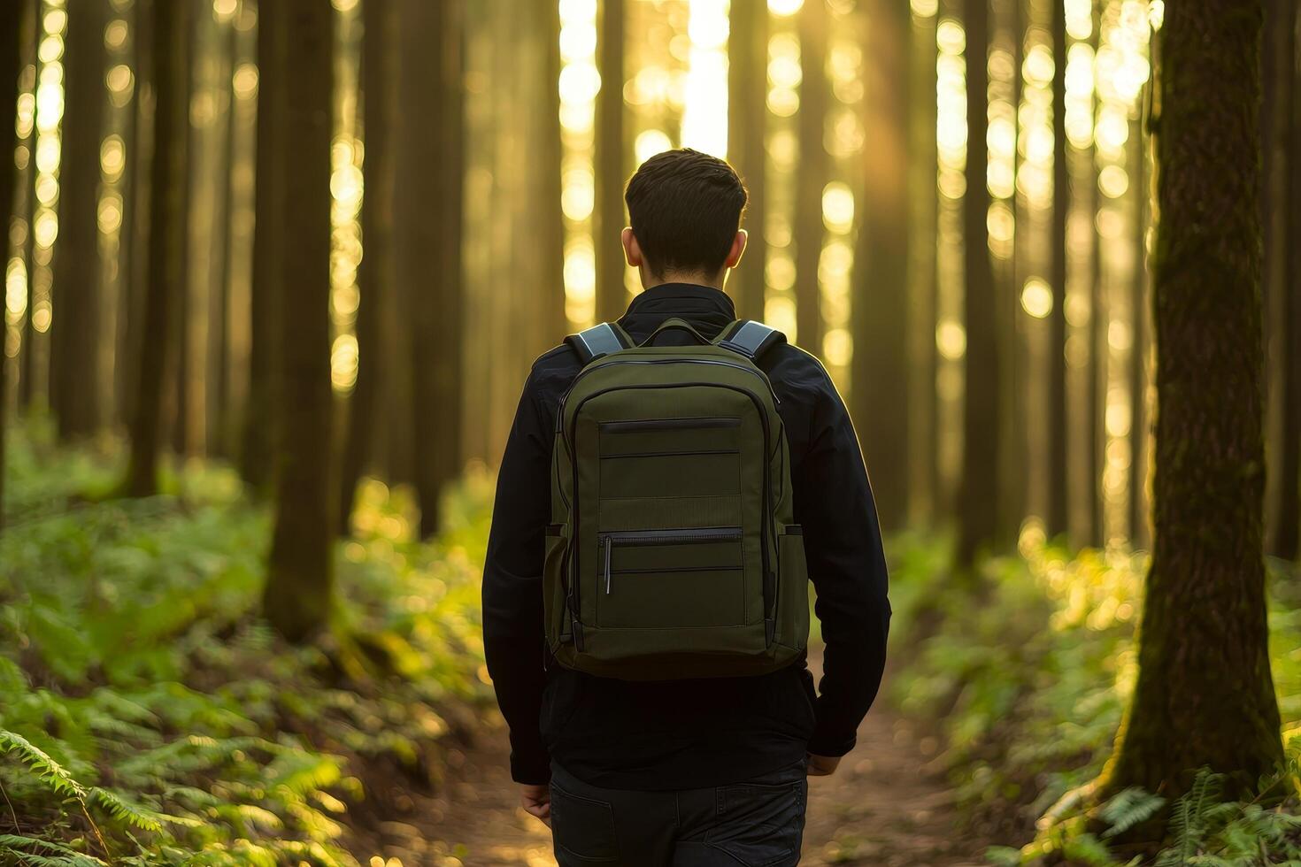 A person walking in a forest with sunlight streaming through trees. photo