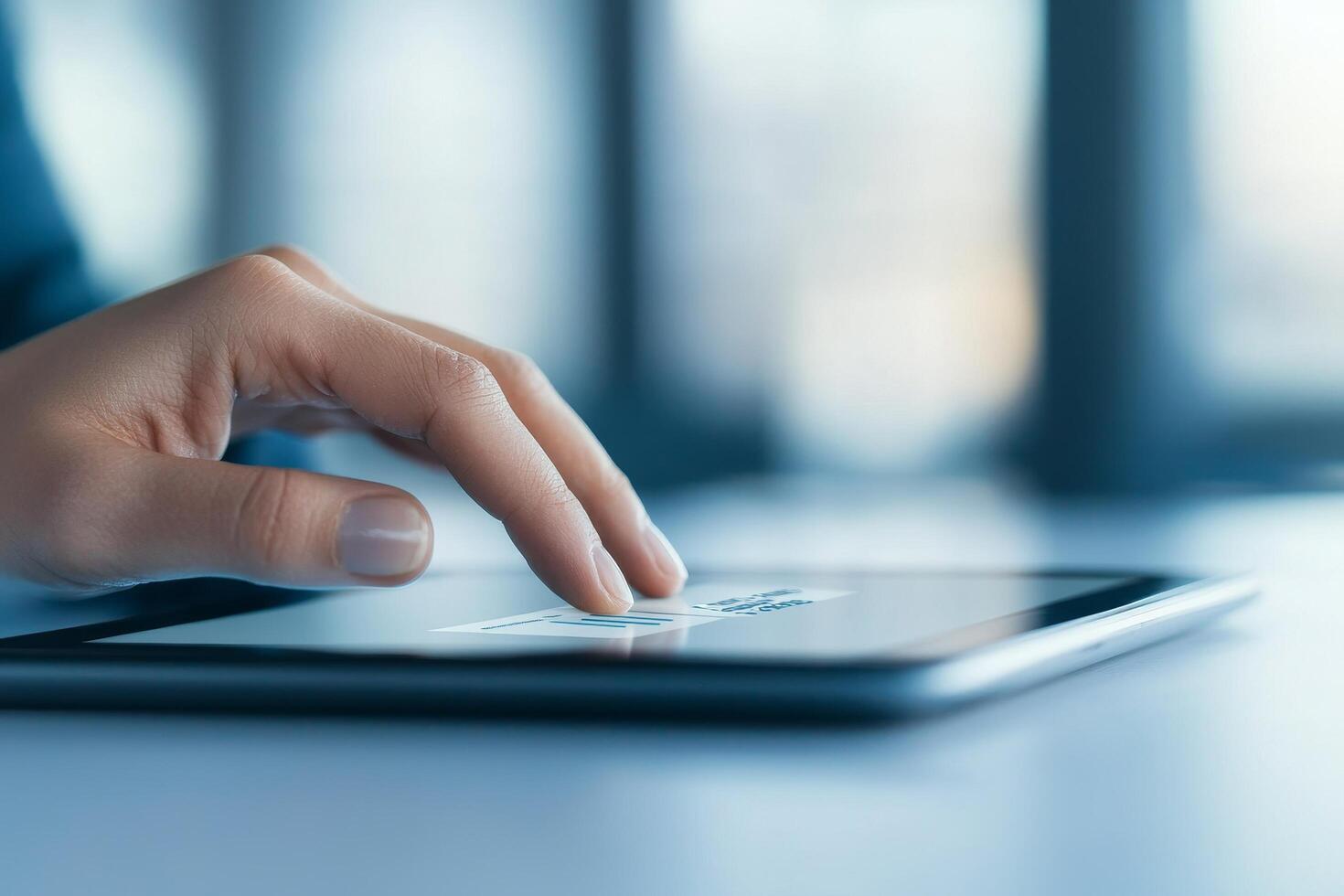 Hand interacting with a tablet in a modern workspace. photo