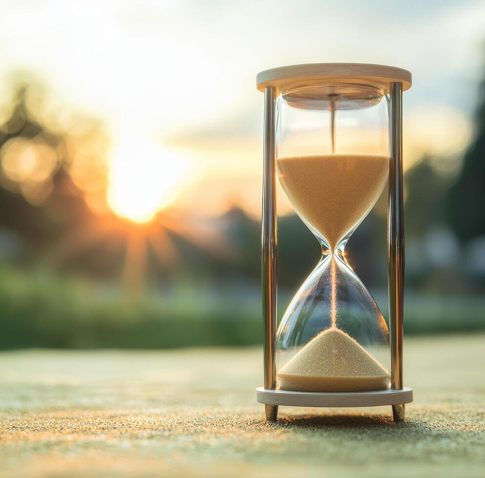 Hourglass at sunset symbolizes the passage of time and reflection. Time management work life balance motivation. photo