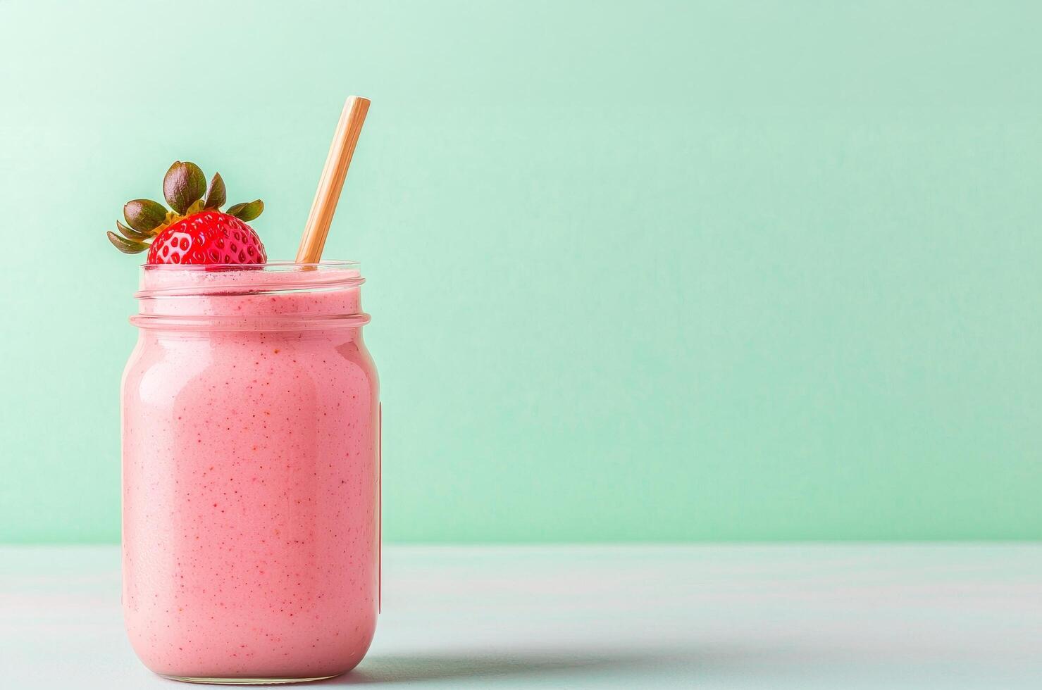 Smooth pink smoothie in a jar with a straw and strawberry garnish. photo
