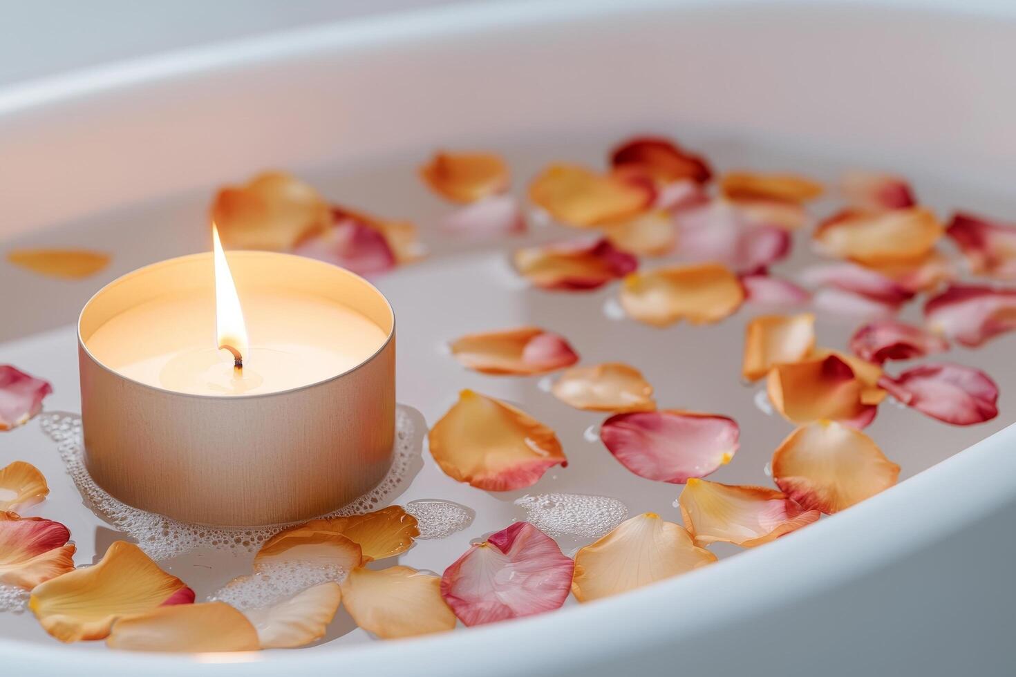 Relaxing bath with a candle and rose petals floating on water. photo