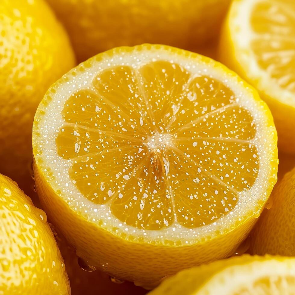 Freshly sliced lemon with bright yellow texture and bubbles. photo