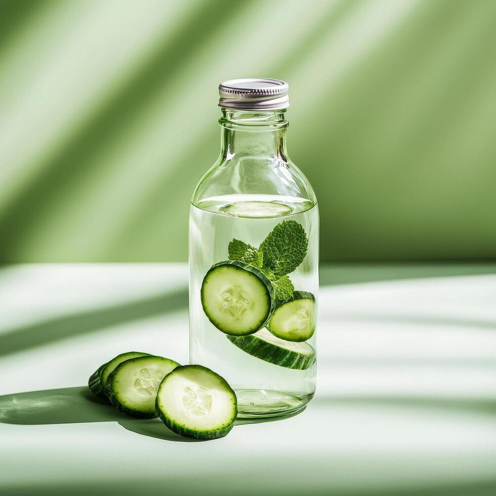 Cucumber slices in a glass bottle with refreshing water. photo