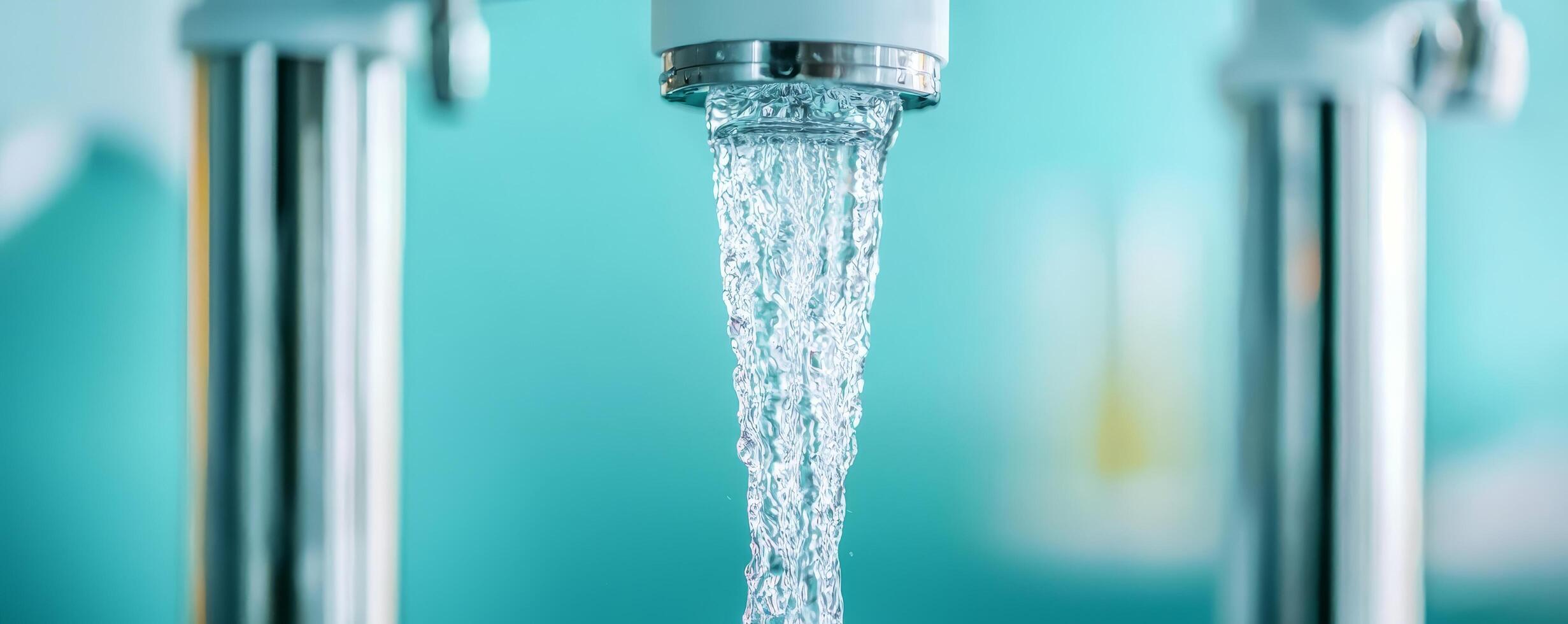 Water flowing from a tap against a soft blue background. photo