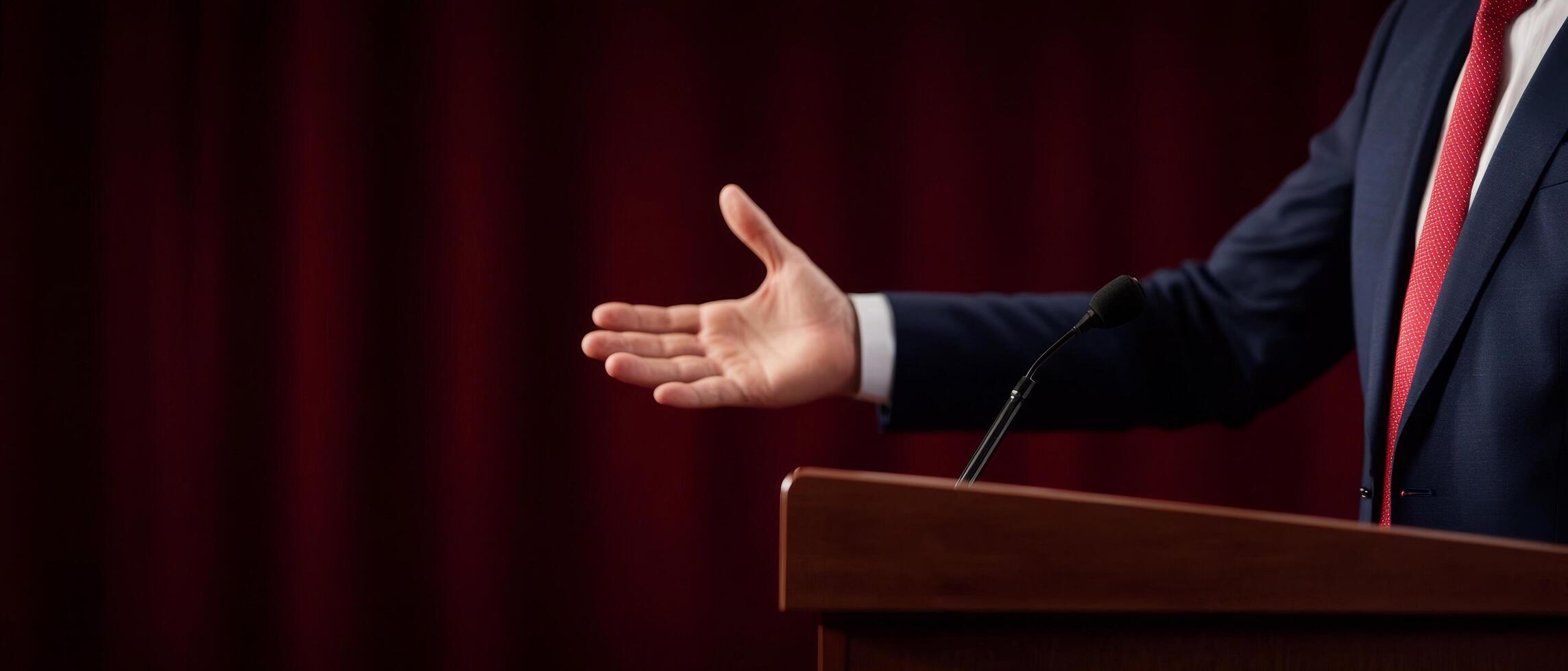 Outstretched hand at a podium with a red curtain backdrop. Communication skills persuasion. photo