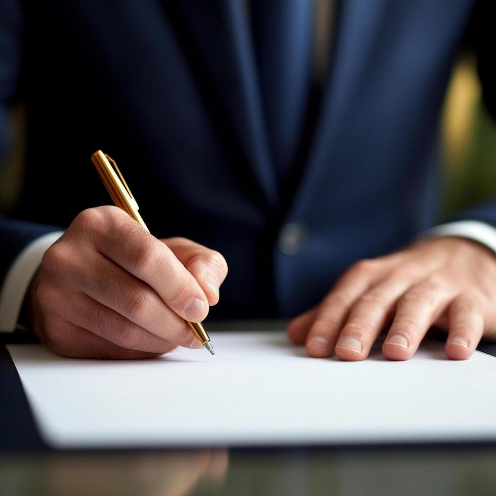 Man writing on a blank sheet with a pen in a formal setting. photo