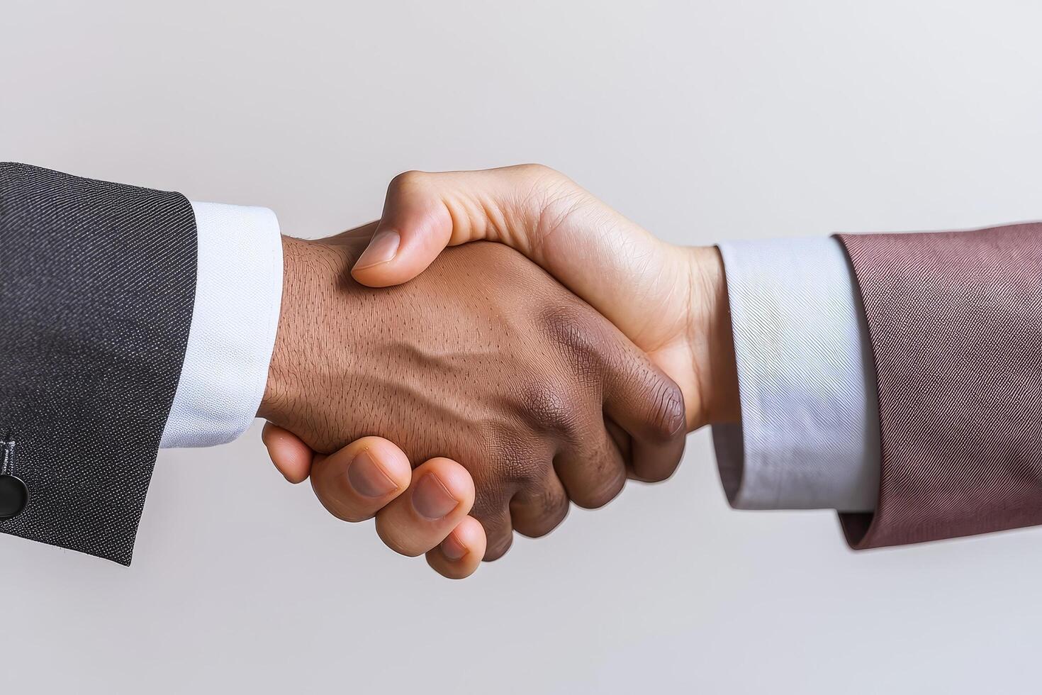 Handshake between diverse business professionals in formal attire. photo