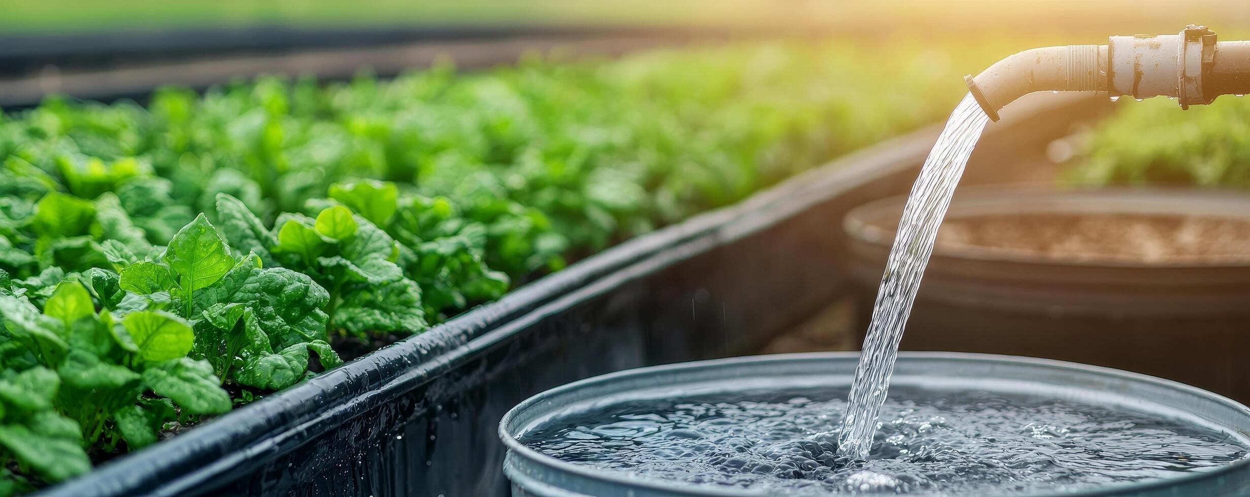 Irrigation water flowing into a container in a lush green garden. photo
