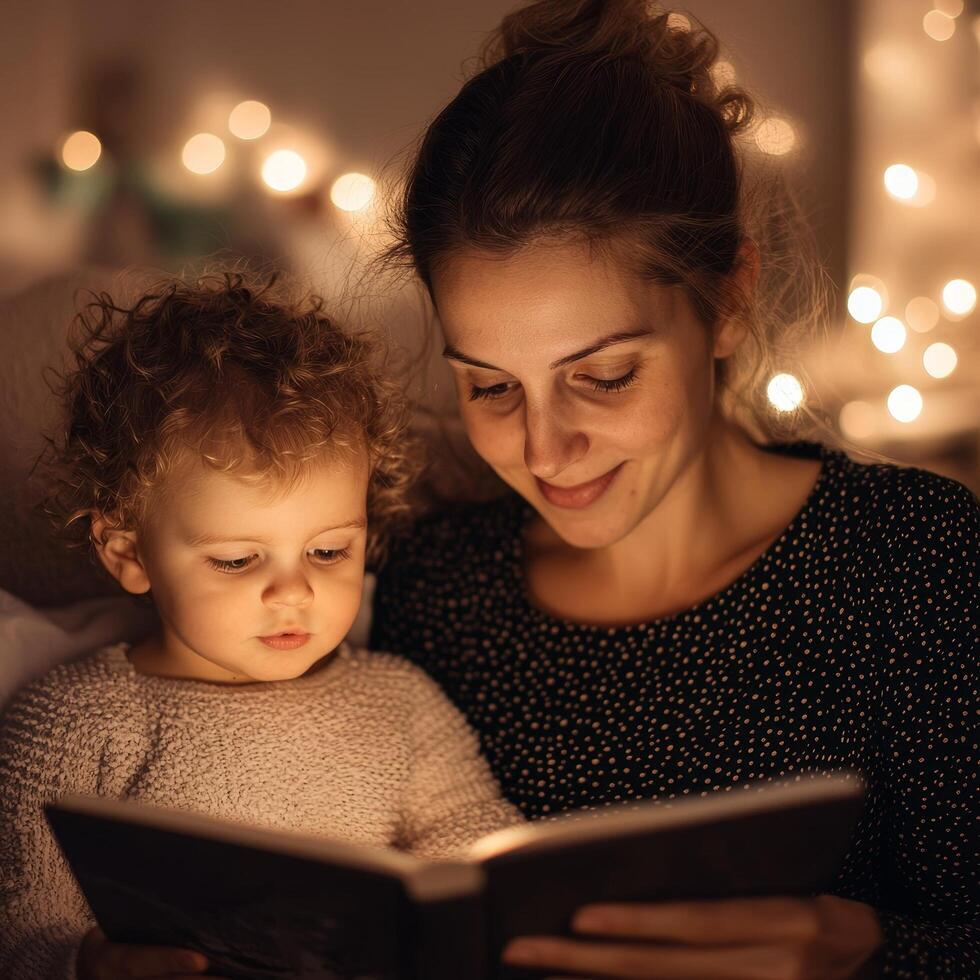 A mother and child reading together in a cozy, softly lit setting. photo