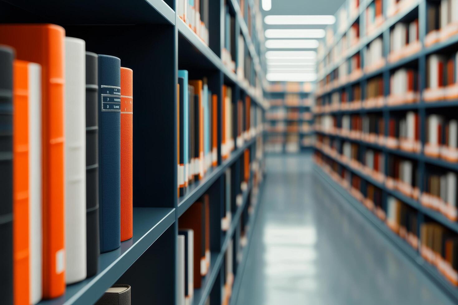 Library shelves filled with colorful books in a spacious corridor. photo