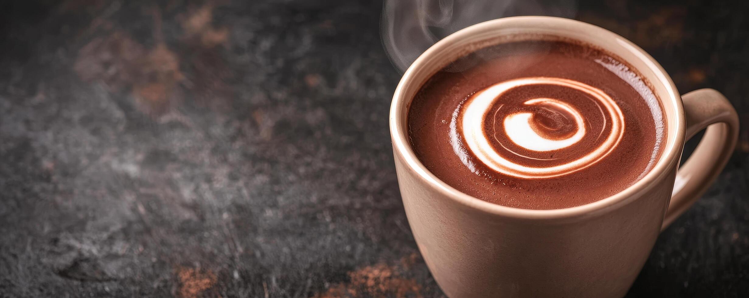 A steaming cup of coffee with a decorative swirl on top. photo