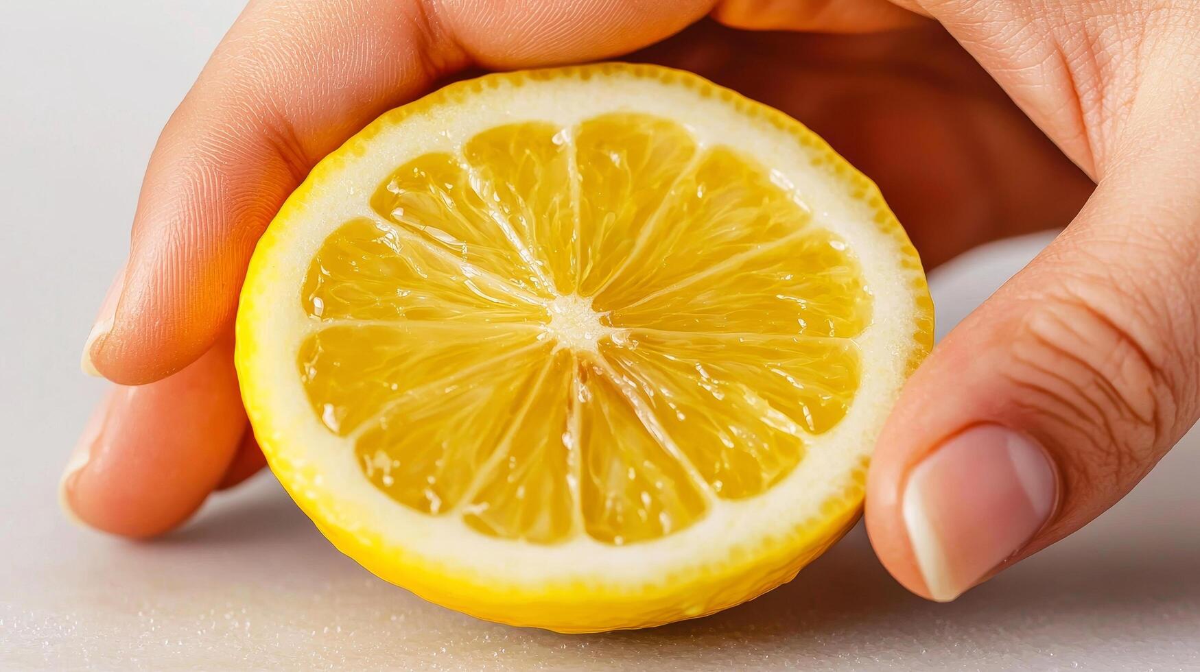 Fresh lemon slice held by hand, showcasing juicy texture and vibrant color. photo