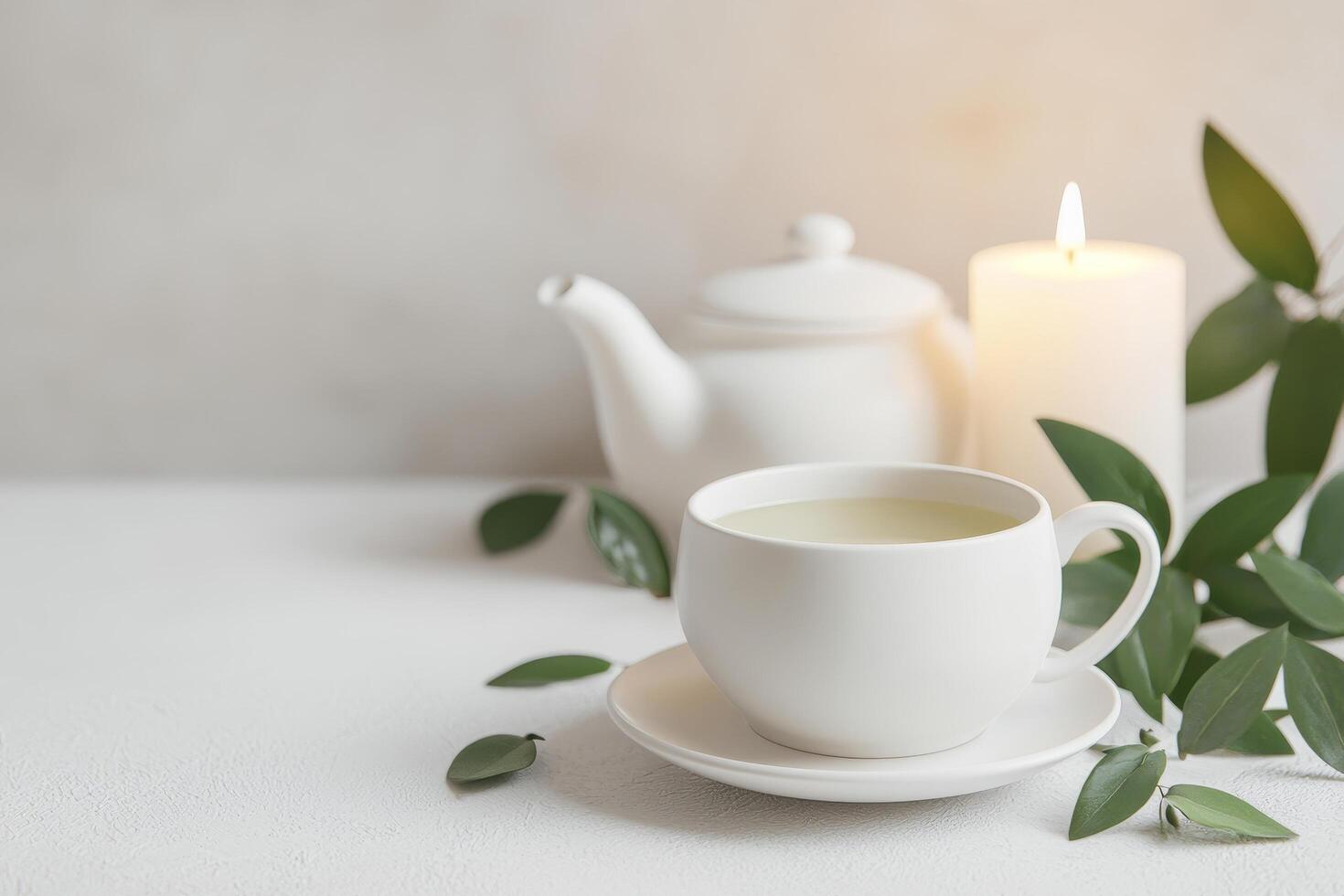 A serene tea setup with a candle and greenery accents. photo
