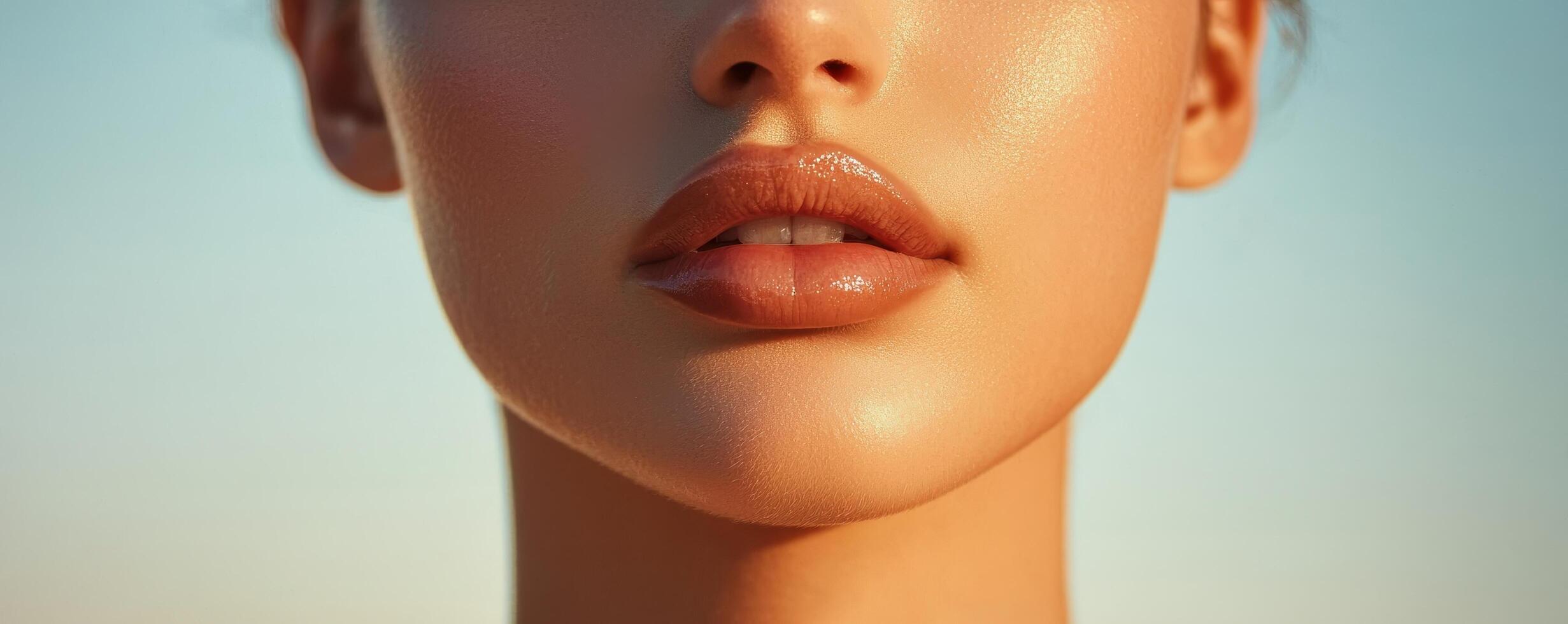 Close-up of a woman's face with shimmering skin under soft light. photo
