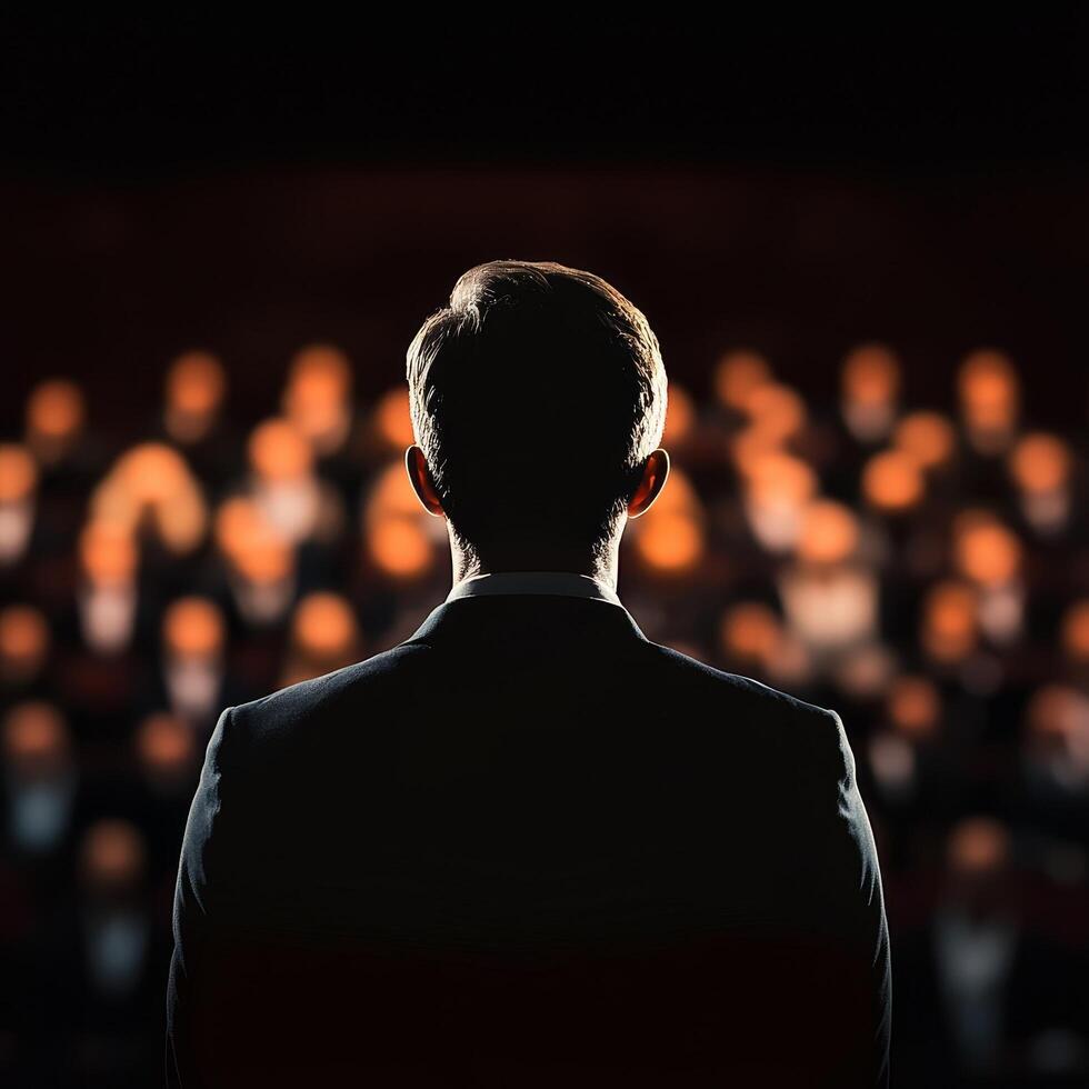 Man facing an audience with glowing lights in the background. photo