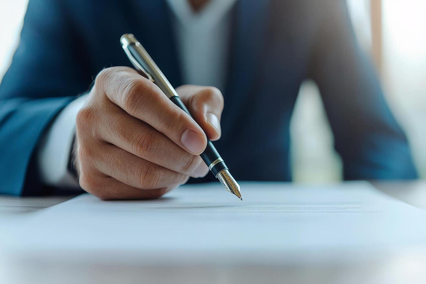 Handwriting on paper with a pen in a professional setting. photo