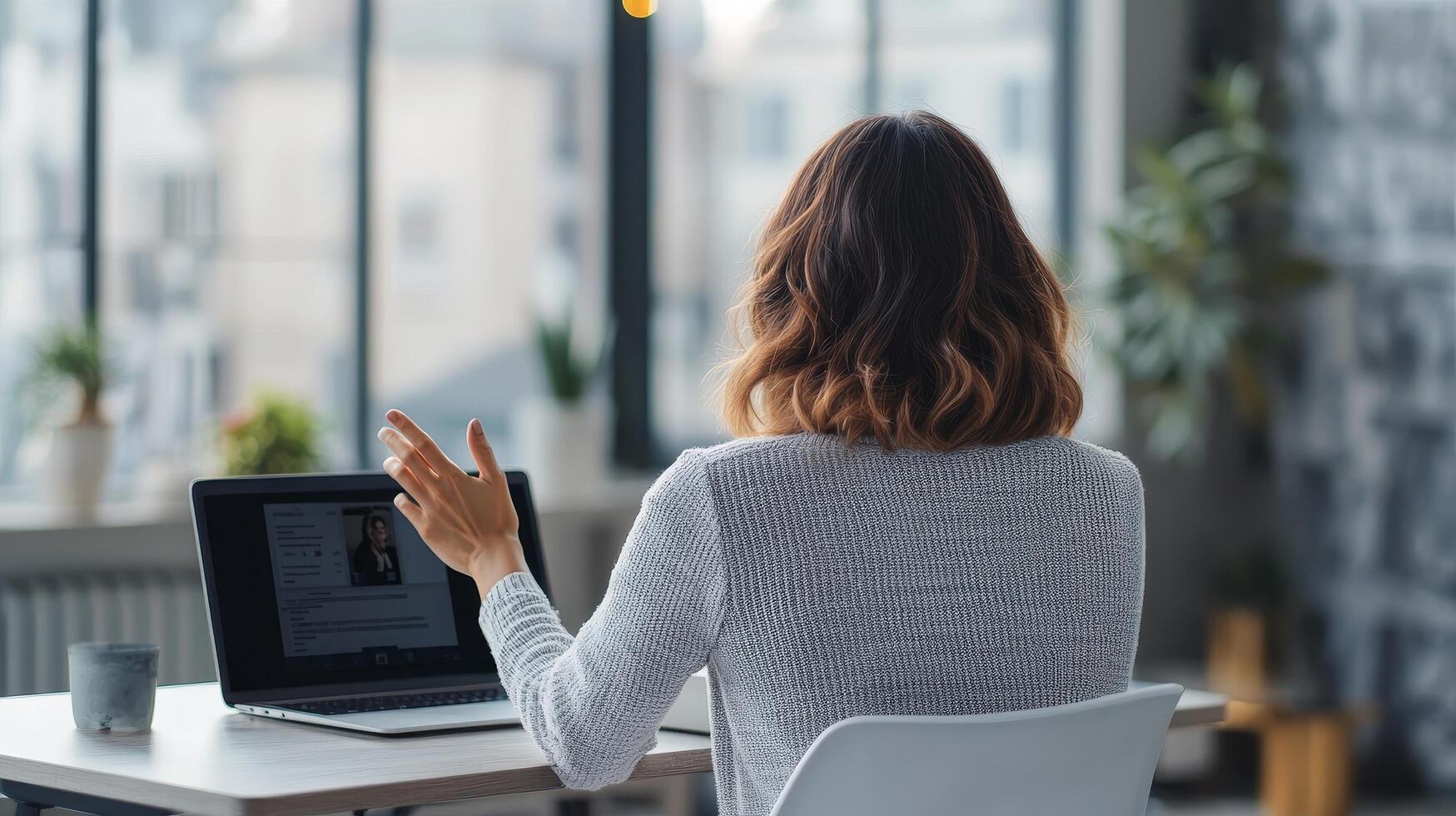 Woman communicating via laptop in a modern workspace. photo