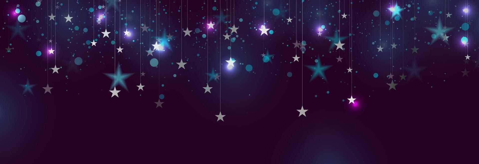 Silver hanging stars and neon shiny particles abstract background vector
