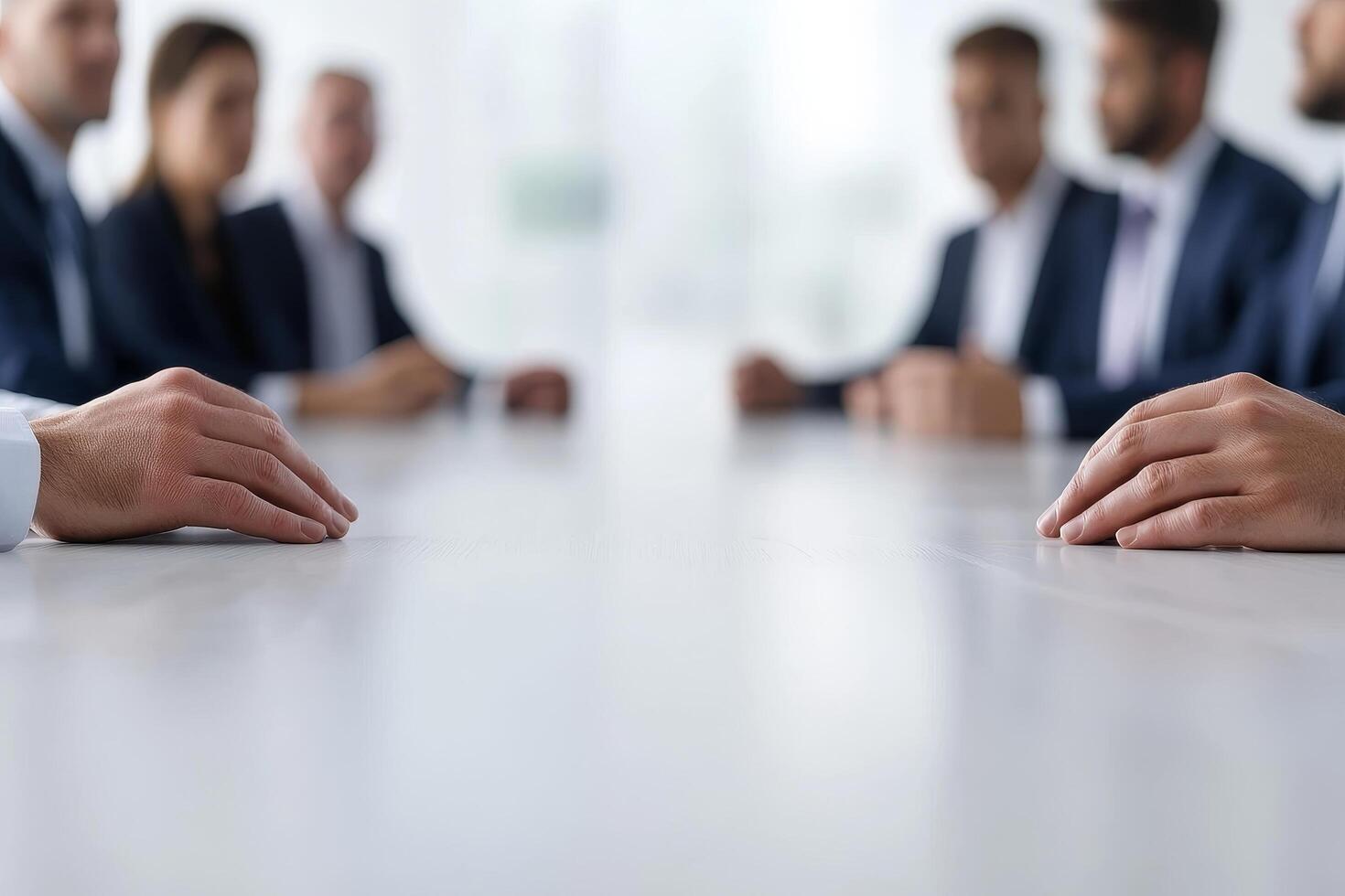 Boardroom meeting with hands resting on a table, focused discussion atmosphere. photo