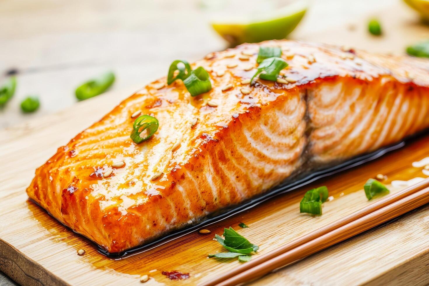 Freshly cooked salmon fillet garnished with herbs on a wooden board. photo