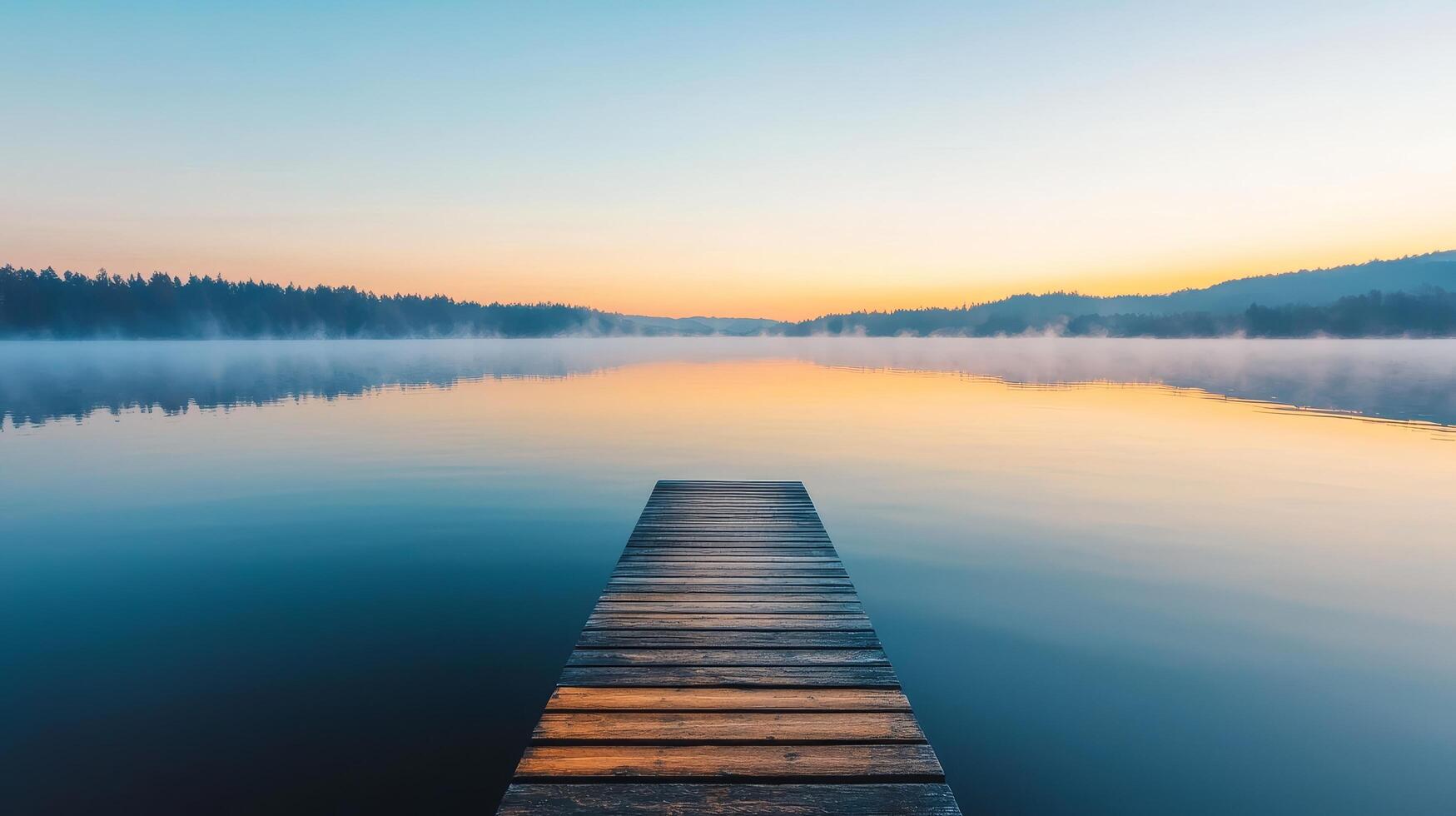 Serene lake view with a wooden dock at sunset. photo