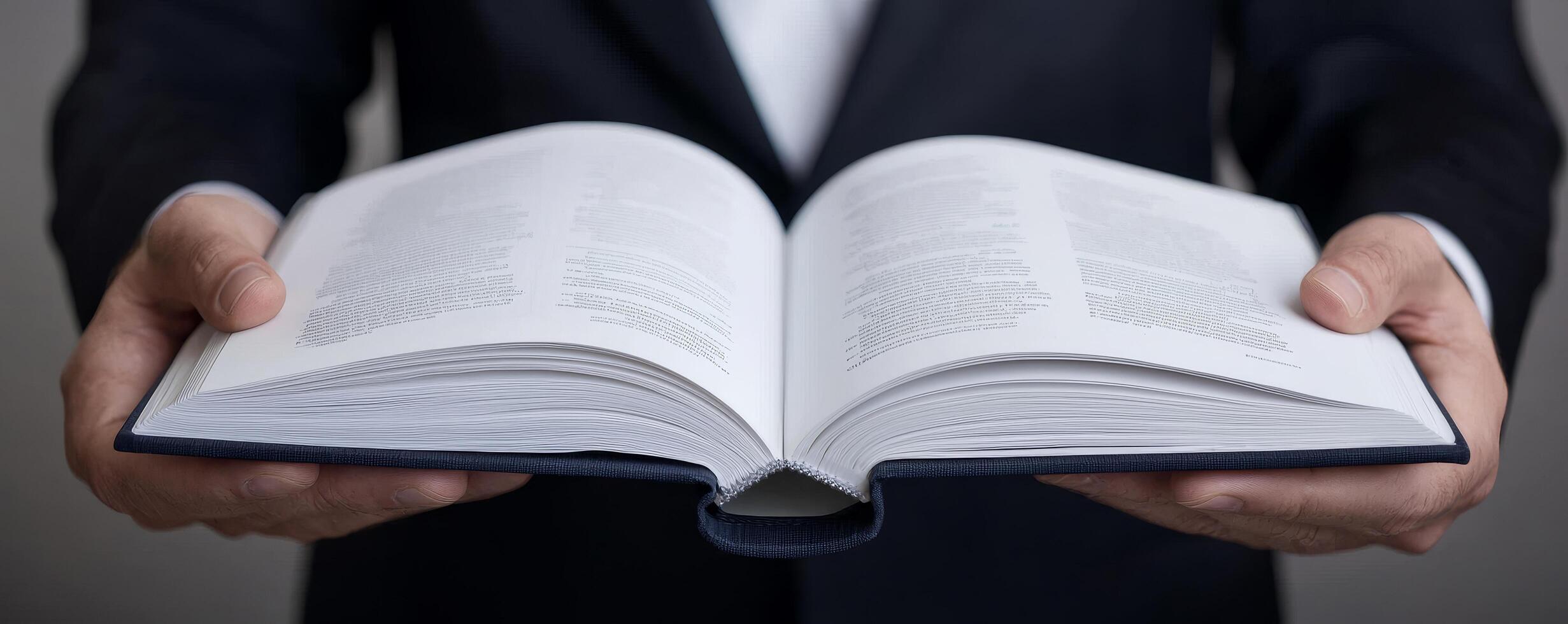 Open book held by a person in a suit against a dark background. photo