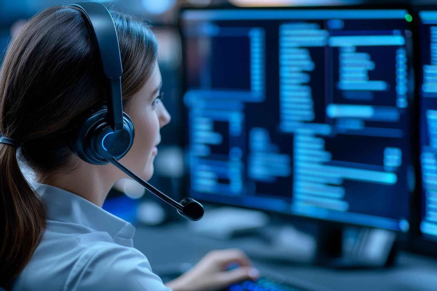 Woman using headset at computer with coding interface visible. photo