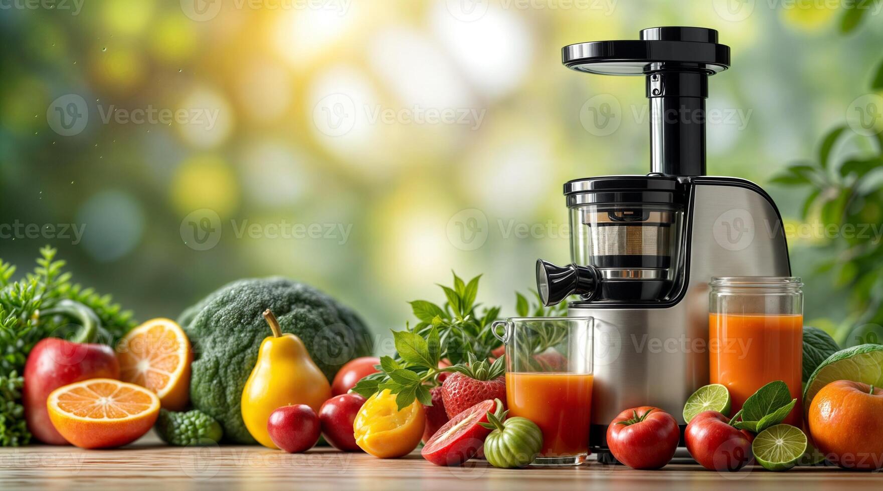 A juicer surrounded by fruits and vegetables photo