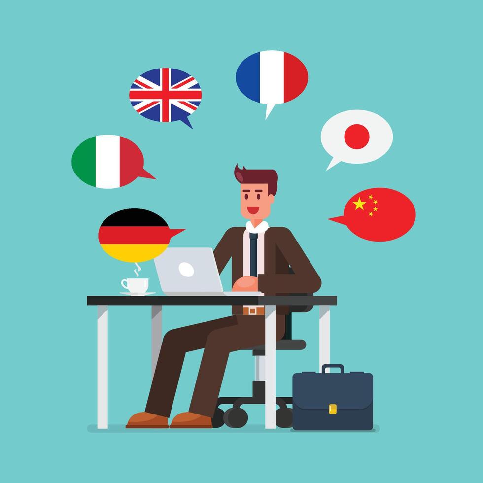 Business man working on a laptop speaking many different languages vector