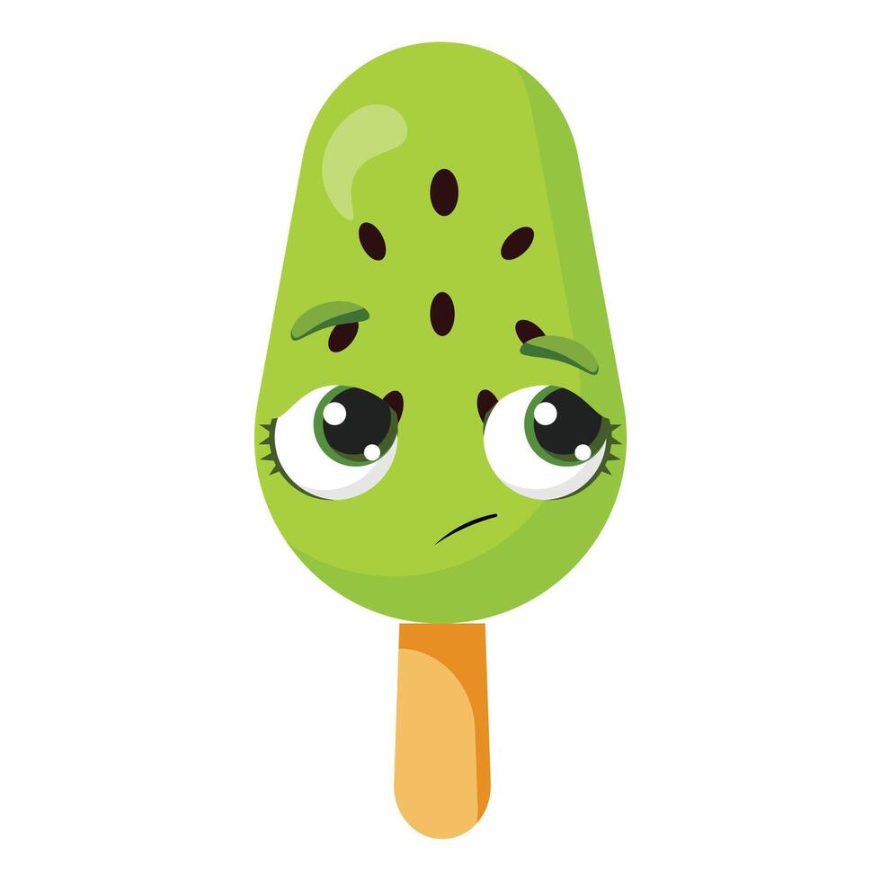 Pleading kiwi flavored green ice cream character Begging fruit dessert illustration Funny summer snack graphic with hopeful eyes Adorable green treat with raised eyebrows vector