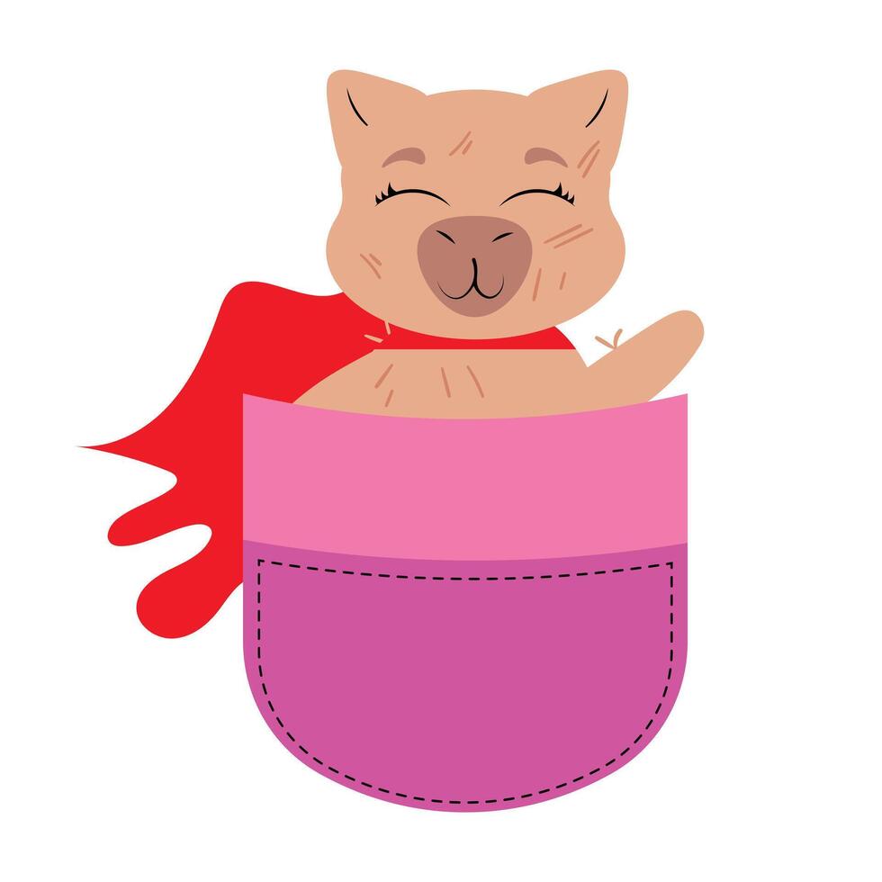 Brave capybara in pocket with flowing red cape Adorable rodent superhero waving from pouch Sweet animal ready for action in a pocket Cute pet embodying courage graphic vector