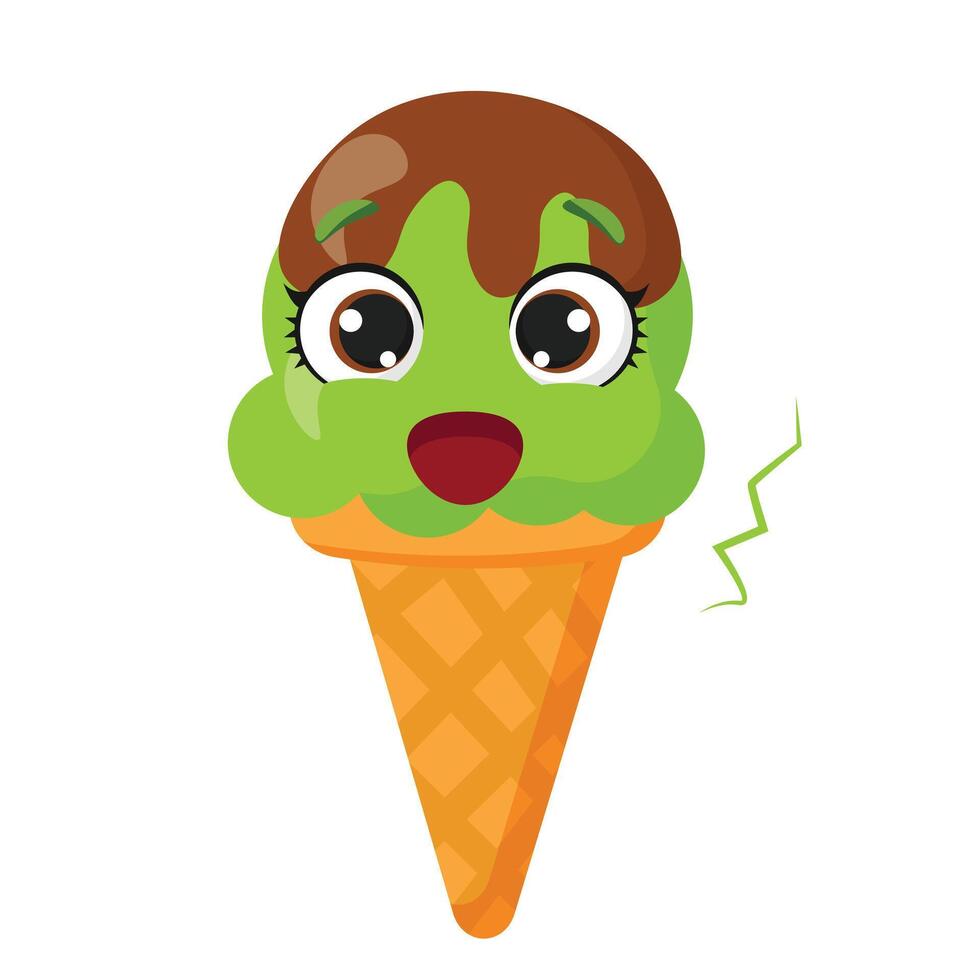 Surprised green ice cream cone character with chocolate drizzle Shocked frozen dessert illustration Funny summer treat graphic with astonished face vector