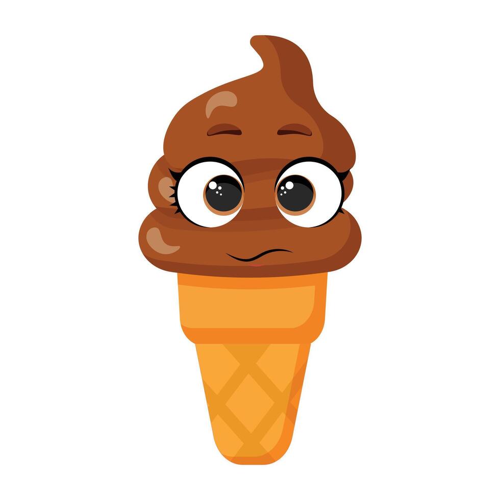 Neutral chocolate ice cream cone character with straight mouth vector
