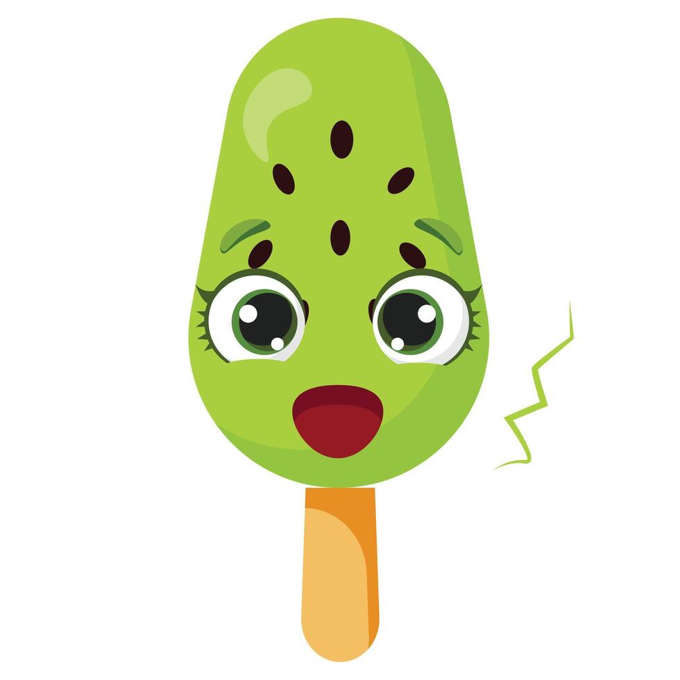 Worried kiwi flavored green ice cream character Anxious fruit dessert illustration Funny summer snack graphic with concerned expression Adorable green treat with wide open mouth vector