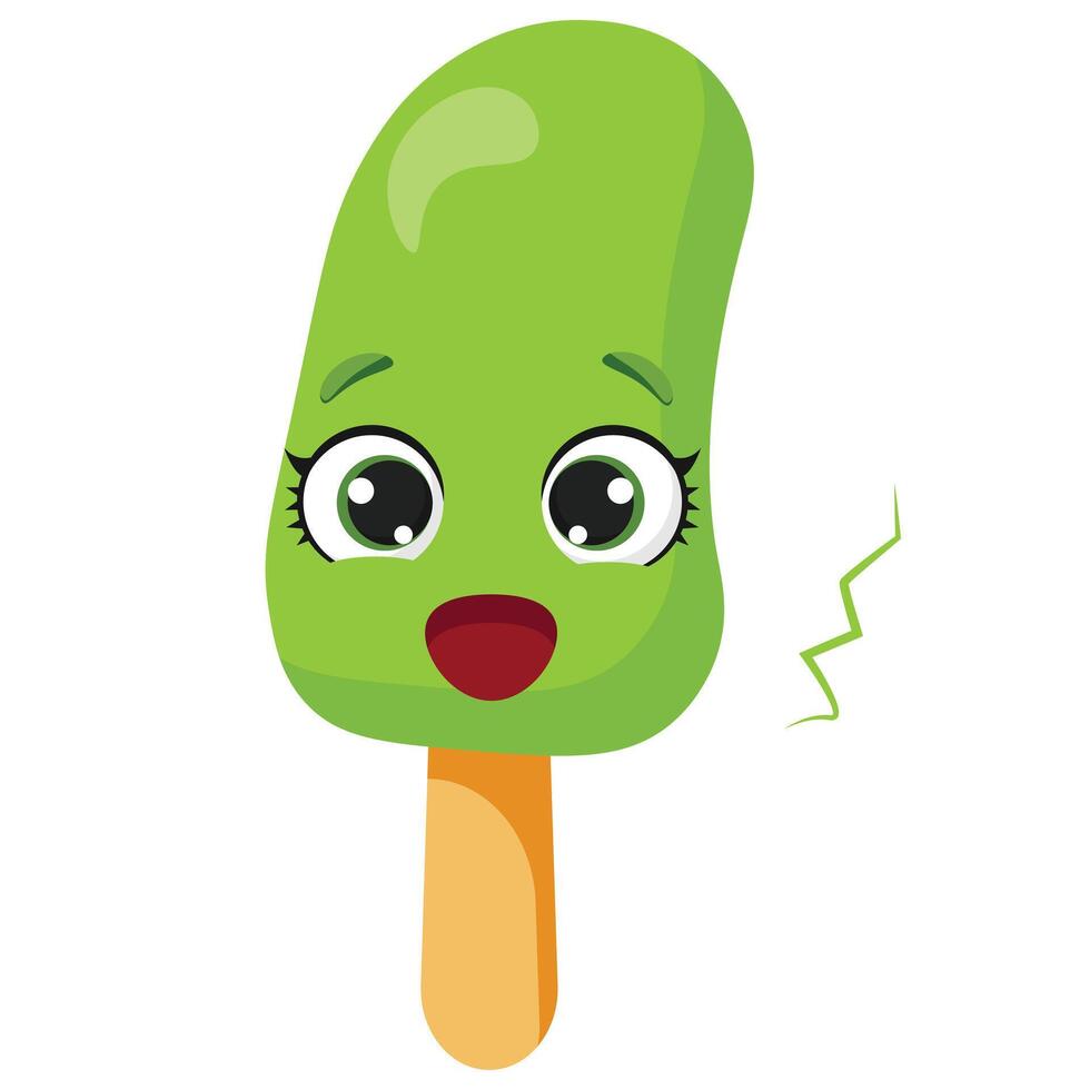 Surprised green ice cream character with open mouth Shocked frozen treat illustration Funny summer dessert graphic with surprised expression vector