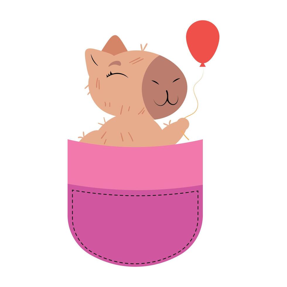 Whimsical capybara in pocket with red balloon Adorable rodent peeking from pouch with party decoration Sweet animal enjoying festive moment in a pocket Cute pet celebrating vector