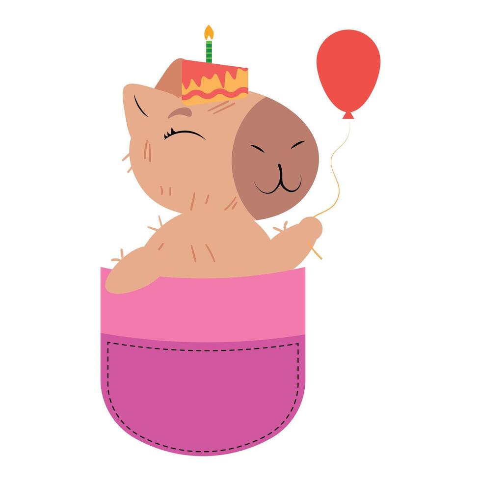 Birthday capybara in pocket with cake and balloon Adorable rodent celebrating in pouch with party treats Sweet animal enjoying birthday in a pocket Cute pet ready for a festive celebration vector