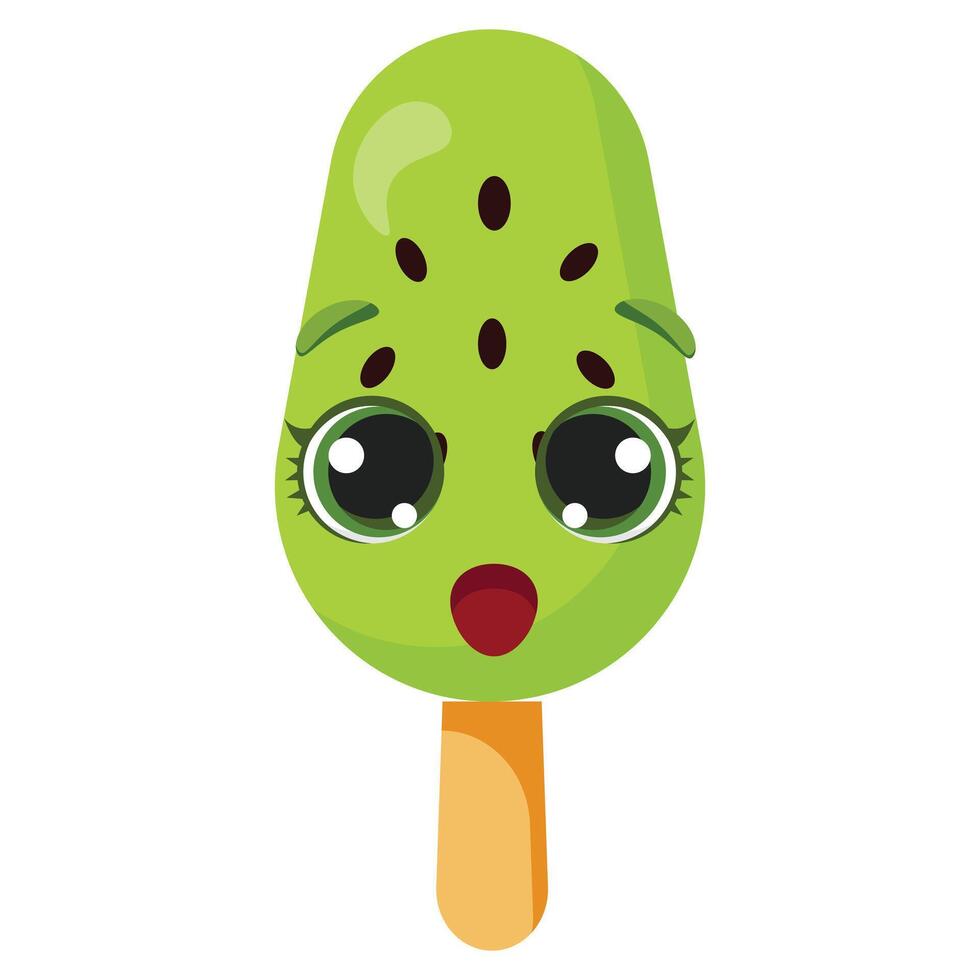 hocked kiwi flavored green ice cream character Surprised fruit dessert illustration Funny summer snack graphic with wide open mouth Adorable green treat with big startled eyes vector