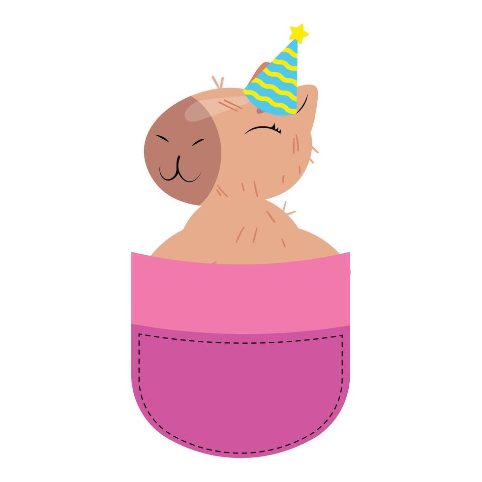Festive capybara in pocket with party hat Adorable rodent celebrating in pouch with cone hat Sweet animal enjoying birthday in a pocket Cute pet ready for celebration graphic vector