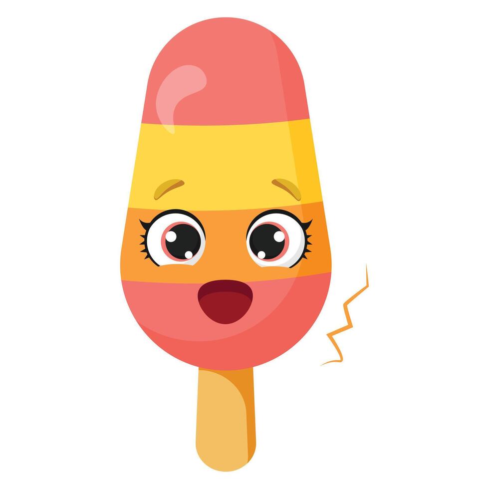 Surprised striped ice cream character with open mouth Shocked frozen treat illustration Funny summer dessert graphic with astonished face Adorable colorful snack with wide eyes vector